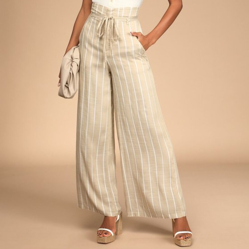 Lulus Day By Day Beige Striped High-waisted Wide Leg Pants - Size M